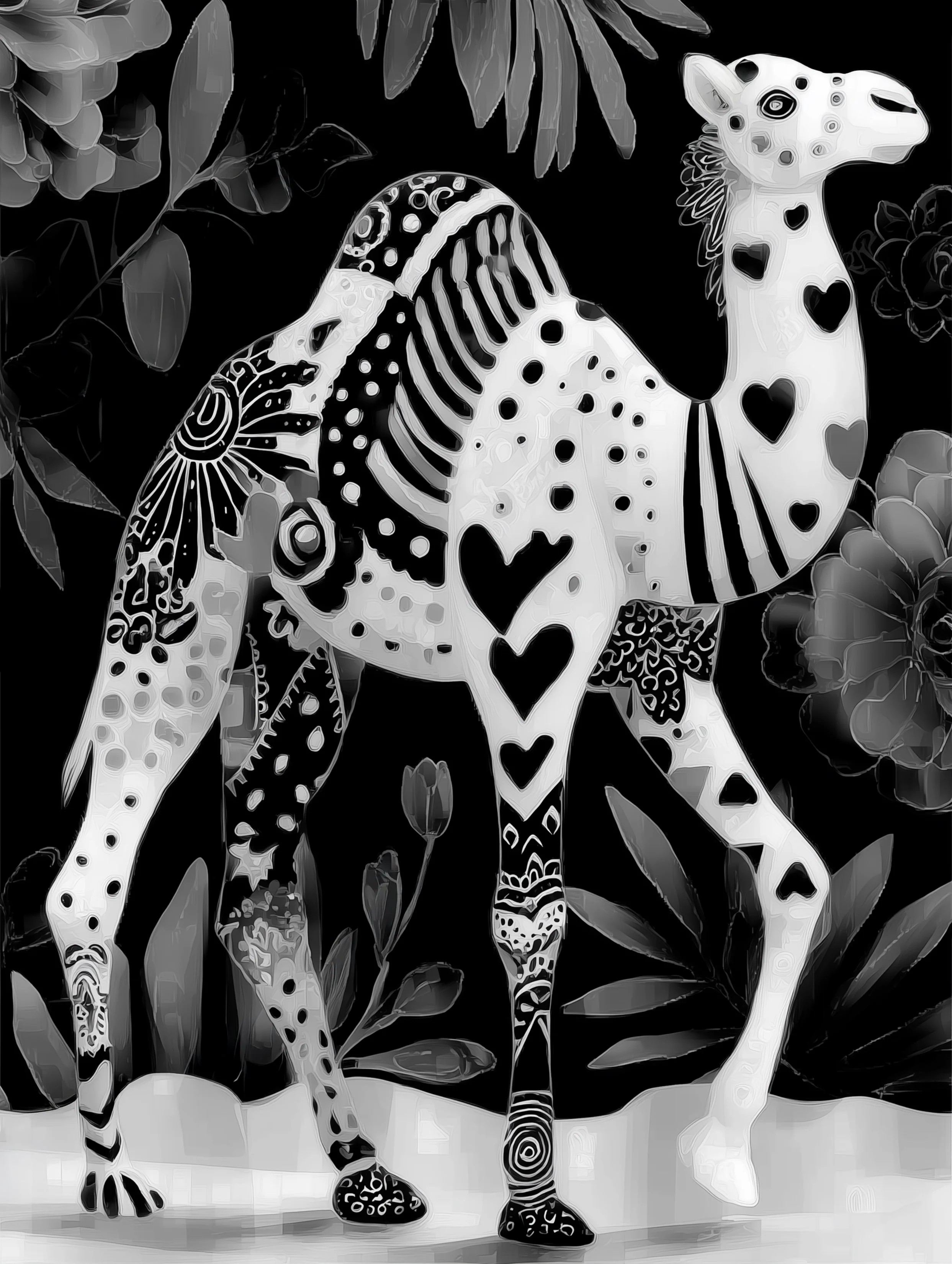 Free printable camel coloring page for adults featuring hearts on camel